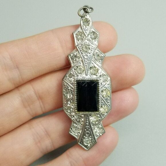 Vintage Black Rhinestone and Silver Tone Pendant, Art Deco Style, Retro Estate - Picture 7 of 7